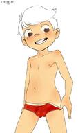 2016 artist:strawberry barely_clothed blushing briefs bulge character:lincoln_loud midriff nipples smiling solo tan tan_skin tanline topless underwear undressing yaoi // 1000x1700 // 460KB