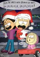 2016 arm_around_shoulder artist:jumpjump character:lily_loud character:lincoln_loud character:ronnie_anne_santiago christmas dialogue holding_object looking_down open_mouth raised_eyebrow santa_hat singing snow winter_clothes // 1748x2480 // 2.9MB