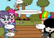 2017 artist:eagc7 book character:lincoln_loud character:luan_loud character:lucy_loud character:maud_pie character:pinkie_pie clown clown_nose crossover dialogue equestria_girls glasses group my_little_pony text wig // 3485x2449 // 1.0MB