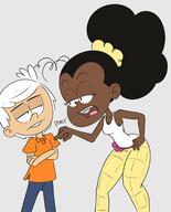 2022 afro alternate_universe armpit arms_crossed artist:jumpjump bending_over big_ass braces character:lincoln_loud character:luan_loud cleavage frowning half-closed_eyes hand_on_hip looking_at_another open_mouth poke raceswap thick_thighs wide_hips // 1700x2100 // 201KB