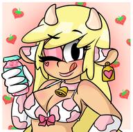 artist:puppyface beverage blushing character:leni_loud cleavage collar cow cow_print heart holding_beverage looking_at_viewer milk smiling solo strawberry tongue_out winking year_request // 552x546 // 203.4KB