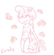 2017 artist:lioxdz chair character:girl_jordan half-closed_eyes hands_support hearts looking_down looking_to_the_side midriff on_knees panties raised_eyebrow sketch smiling solo underwear // 609x622 // 121KB