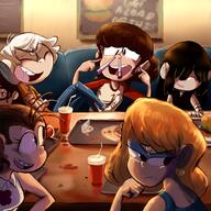 2016 artist:nelauk burger character:lincoln_loud character:lisa_loud character:lori_loud character:luan_loud character:lucy_loud character:lynn_loud eyes_closed group laughing looking_at_another restaurant sitting // 1500x1500 // 2.3MB