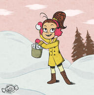 2016 alternate_outfit artist:dariarix bucket character:luan_loud cloud earmuffs gloves holding_object looking_at_viewer smiling snow snowball solo tree winter_clothes // 1280x1287 // 385KB
