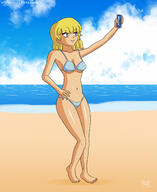 2021 alternate_outfit armpit artist:julex93 beach bikini character:lori_loud cleavage cloud feet hand_on_hip holding_object looking_up midriff phone selfie shadow smiling solo swimsuit water // 1800x2200 // 2.0MB