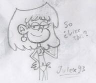 2016 artist:julex93 character:lori_loud dialogue half-closed_eyes hand_on_hip looking_at_viewer sketch smiling solo swimsuit text two_piece_swimsuit // 349x304 // 36.9KB