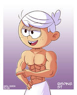 2020 abs artist:bisping character:lincoln_loud half-closed_eyes hand_gesture looking_to_the_side muscular muscular_male nipples open_mouth pointing redraw smiling solo topless towel // 806x992 // 303KB