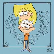 2020 artist:examdeo blushing character:lincoln_loud character:lori_loud hand_on_hand hand_on_head hearts hug looking_at_another looking_down looking_up loricoln smiling // 1773x1773 // 298KB