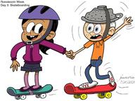 character:lincoln_loud character:ronnie_anne_santiago hand_holding helmet looking_at_another ronniecoln skateboard smiling // 1600x1200 // 201.7KB