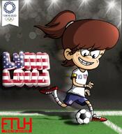 alternate_outfit artist:fanstheloudhouse ball character:lynn_loud olympic_games running smiling soccer solo // 1000x1100 // 166.7KB