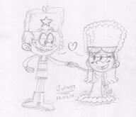 2017 alternate_outfit artist:julex93 blushing character:lincoln_loud character:lola_loud half-closed_eyes hand_holding heart lolacoln looking_at_another looking_down sketch smiling star // 782x673 // 115.3KB