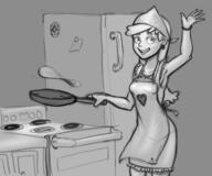 2017 apron artist_request character:leni_loud cooking food fridge greyscale hand_gesture heart holding_object kitchen looking_at_viewer open_mouth pancakes smiling solo waving // 700x585 // 197KB
