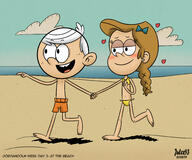 2019 alternate_outfit artist:julex93 beach character:girl_jordan character:lincoln_loud cloud feet half-closed_eyes hand_gesture hand_holding hand_on_chest hearts jordancoln looking_to_the_side midriff nipples open_mouth pointing shadow smiling swimsuit text topless two_piece_swimsuit water // 3000x2500 // 4.5MB