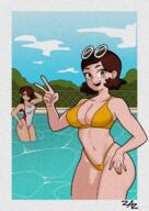 2023 artist:zaz background_character bikini character:taylor character:thicc_qt cloud hand_behind_head looking_at_viewer peace_sign pool smiling source_request swimsuit // 1135x1600 // 4.6MB