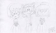 2017 alternate_hairstyle alternate_outfit artist:julex93 blushing character:lincoln_loud character:lucy_loud character:lynn_loud eyes_closed flowers hair_apart hand_behind_head looking_at_viewer looking_down lucycoln lynncoln ponytail sketch smiling suit sweat wedding wedding_dress // 845x500 // 92.9KB