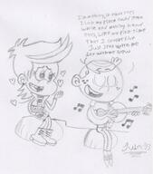 2017 artist:julex93 character:lincoln_loud character:tabby dialogue eyes_closed guitar hearts holding_object instrument open_mouth singing sitting sketch smiling tabbycoln text unusual_pupils // 499x568 // 72.7KB