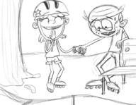 2016 artist:duskull bench character:lincoln_loud character:polly_pain hand_holding laughing looking_down pollycoln roller_skates shaking skating sketch sweat tree // 628x487 // 155KB