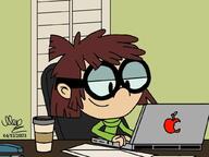 2023 Artist:the_loudest_artist character:lisa_loud coffee half-closed_eyes home_office laptop smiling solo // 1024x768 // 76KB