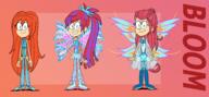 2024 artist:alejindio character:bloom commission commissioner:powerhouse823 hand_on_hip lineup looking_at_viewer simple_background smiling solo style_parody text wings winx_club // 4864x2264 // 5.4MB