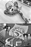 2017 artist:jfmstudios black_and_white boxing boxing_gloves boxing_ring character:leni_loud character:lori_loud commission commissioner:alexander-lr hurt looking_down lying sweat // 2117x3179 // 1.5MB