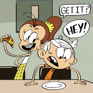 character:lincoln_loud character:luan_loud dialogue official_art pizza // 1080x1080 // 314.3KB