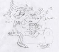 2016 arm_around_shoulder artist:julex93 blushing character:lincoln_loud character:lola_loud couch dialogue eyes_closed hand_on_shoulder heart open_mouth sitting sketch sleeping smiling text // 479x427 // 54KB