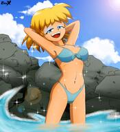 artist:eddyx bikini character:lori_loud cloud half-closed_eyes hands_behind_head lens_flare looking_at_viewer looking_down midriff mouth_open smiling solo stretching swimsuit water // 1426x1568 // 1.1MB
