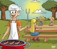 2020 aged_up apron artist:julex93 ass bench chair character:leia_loud character:lincoln_loud character:lola_loud character:londey_loud cloud cooking eyes_closed fist frowning grass heels holding_object hotdogs lolacoln open_mouth original_character raised_arms shadow sin_kids sitting smiling sun tree // 1800x1550 // 443KB
