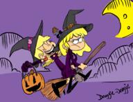 2016 angry artist:douggie-douggie broom candy character:leni_loud character:lori_loud chocolate cloud eating eyes_closed flying food frowning gloves halloween holding_object moon night open_mouth pumpkin smiling witch witch_hat // 1280x985 // 542KB