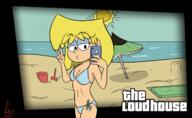 2017 alternate_outfit artist:extricorez beach bikini blanket bucket character:lori_loud cleavage grand_theft_auto half-closed_eyes hand_gesture holding_object midriff parody peace_sign phone pose selfie shadow shovel solo sun swimsuit text umbrella video_game water // 1303x802 // 402KB