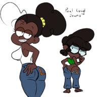 2022 afro alternate_outfit artist:sl0th ass big_ass braces butt_zipper character:lisa_loud character:luan_loud coloring colorist:anonymouse dark-skinned_female edit glasses jeans looking_at_viewer raceswap tagme text thick_thighs // 800x800 // 221KB