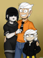2020 aged_up artist:greenskull34 character:lincoln_loud character:lucy_loud character:lupa_loud grin hands_on_hips hug looking_at_viewer lucycoln sin_kids smiling // 2036x2755 // 2.3MB