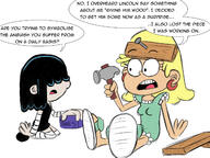 2016 artist:jumpjump character:leni_loud character:lucy_loud dialogue hammer holding_object looking_at_another open_mouth parody sitting spongebob_squarepants text // 1600x1200 // 880.2KB