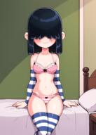 2023 aI-generated aged_up artist:losforrycustom bed blushing bra character:lucy_loud looking_at_viewer nervous panties sitting solo thigh_highs underwear // 1024x1440 // 1.7MB